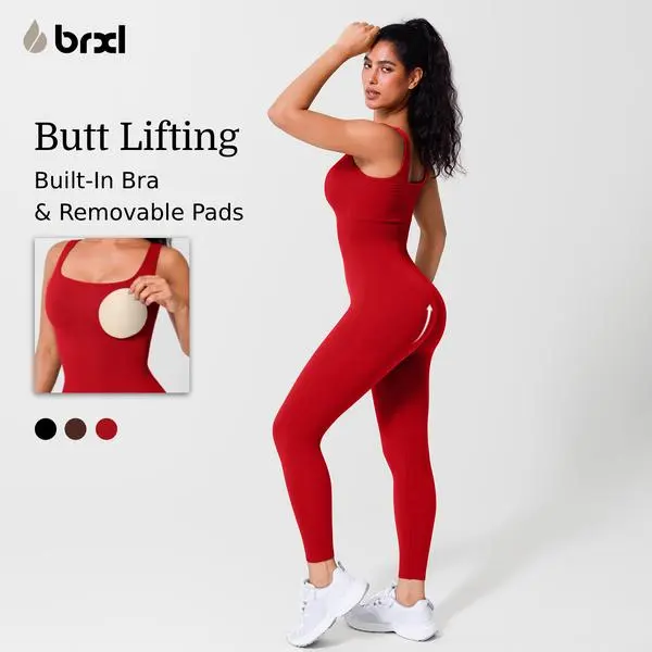 BRXL Women's Square Neck Ribbed Sleeveless Seamless Built-in Bra Solid Color Jumpsuit, Stretchable Stylish Activewear, Sportswear Jumpsuits with Tummy Control for Fitness Yoga, Casual Wear,summerwins,travel essentials,camping essentials