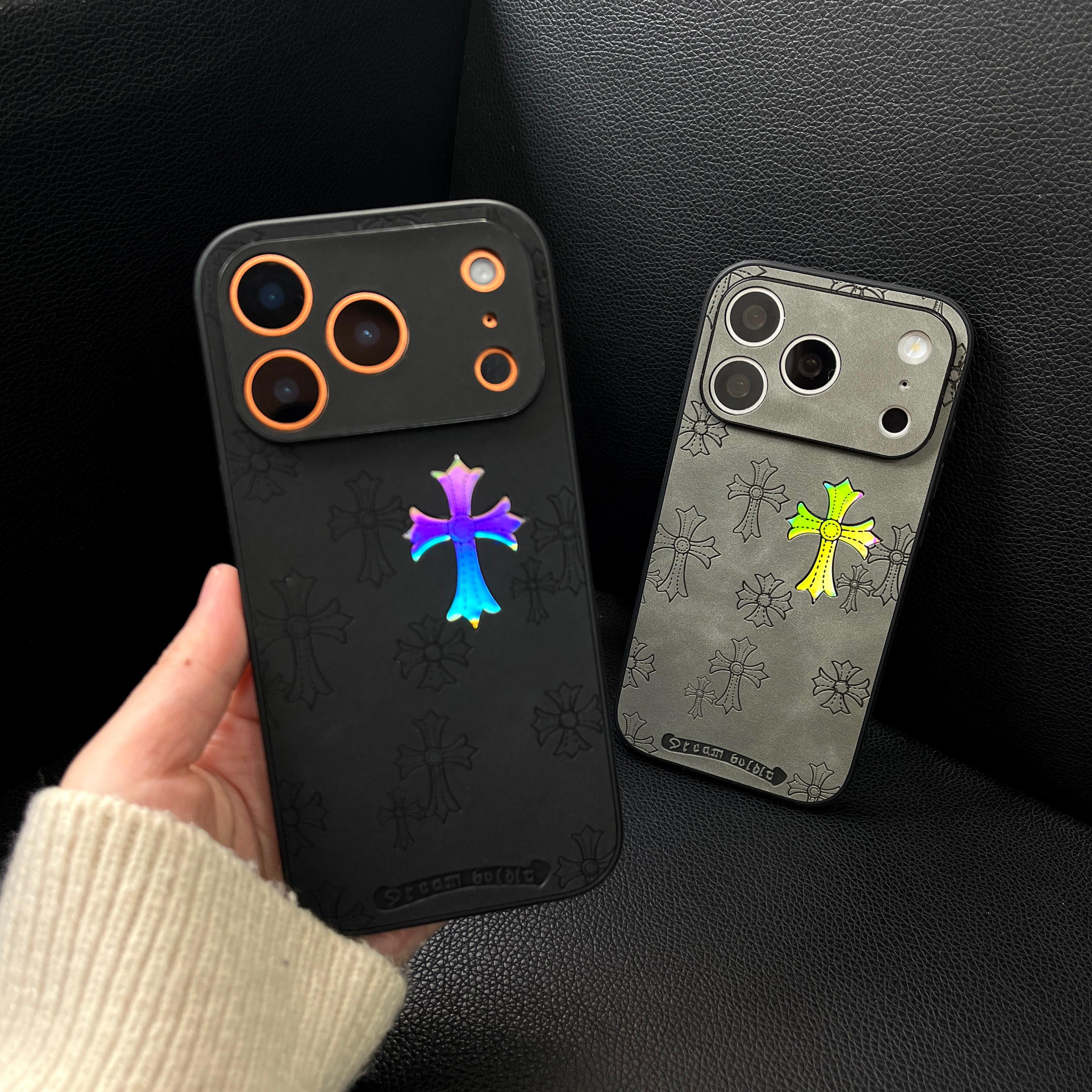 Cross-patterned laser gradient phone case, compatible with iPhone 17/16/15/14/13/12/11 Pro/Max/Air, features a slim-fit design with PU leather and TPU back cover, providing drop protection. Also compatible with iPhone 16/15/14 Plus.
