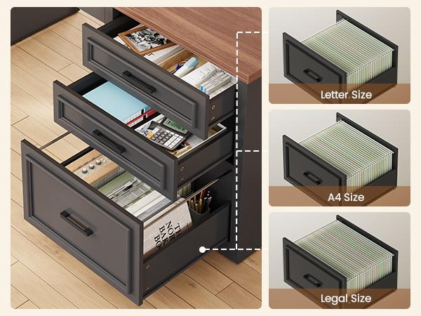SEDETA Farmhouse L Shaped Electric Standing Desk, 63" x 67" Height Adjustable Home Office Executive Desk with Drawers and Shelves, Standing Computer Desks with Power Outlet for Home Office
