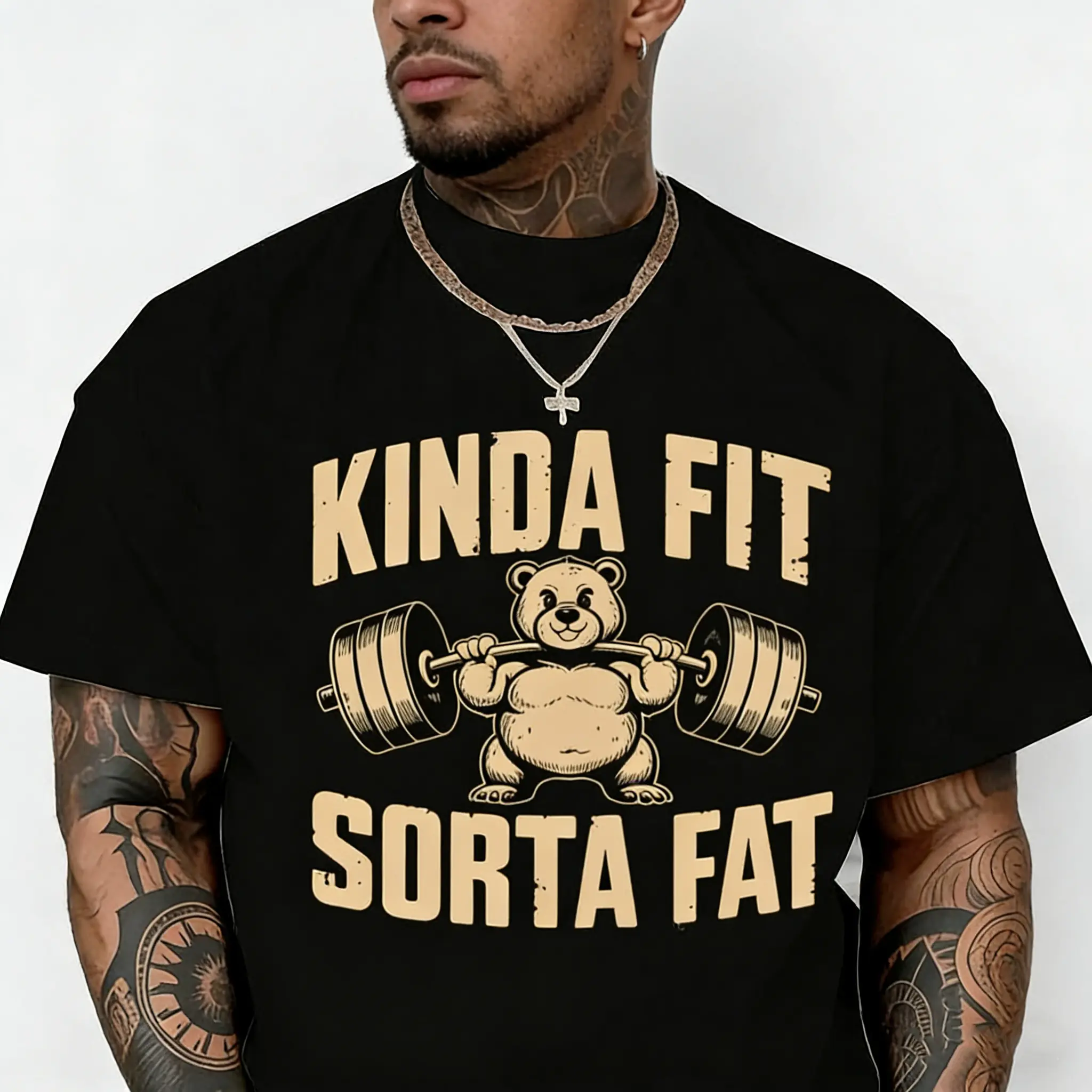 Men's Personalized Funny Weightlifting Bear Apparel - Cotton Heavyweight Oversized Fitted Short-Sleeve Menswear Gym T-Shirt
