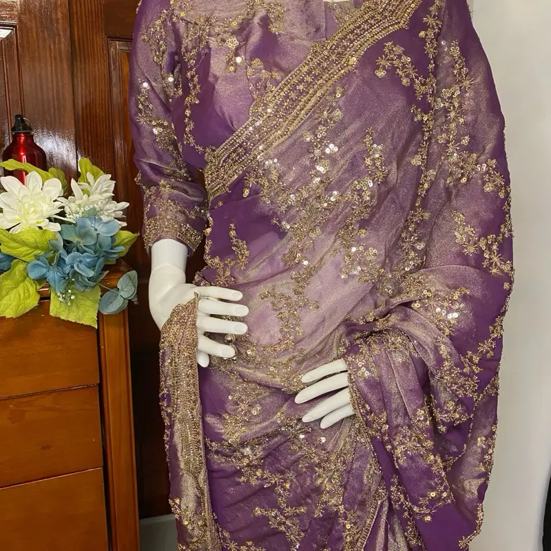 Women's Pure Silk Partywear Saree with Blouse Piece - Handwork, Shiny Sequins, Original Gold Beads, Formal Festival Wear, Pure Silk Drape, Shimmer on Move, Free Size, Dry Clean Only, Gold Bead Detail