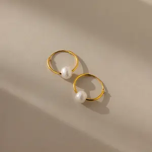 Round Pearl Hoops by Caitlyn Minimalist - Thin Minimalist Pearl Hoop Earrings - Dainty Wedding Jewelry - Wife Gift