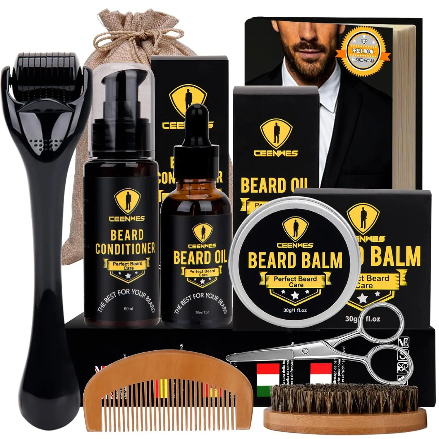 Men's Beard Grooming Kit - Nourishing Complete Care Set with Oil, Balm, Conditioner, Derma Roller, Boar Bristle Brush, Wood Comb, Trimming Scissors | Facial Hair Growth, Everyday Use, Fathersdaygift, Husband Gift, Dad