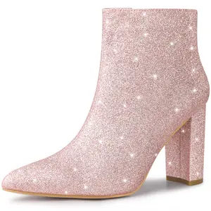 BLISSFUL STEP Glitter Pointed Toe Block Heel Sparkly Booties Ankle Boots