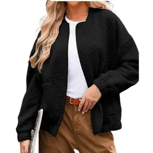 Women Jacket Casual Long Sleeve Stand Collar Jacquard Coat fashion Button Open Front Jacket with Pockets
