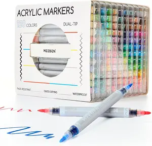 MEEDEN Artist Acrylic Paint Markers: 120/96/72/48 Colors Dual Tip Acrylic Marker with Brush & Round Tip for Art Supplies - Quick Dry Paint Pens with Automatic Ink Control for Wood, Canvas, Glass, Rock, Fabric