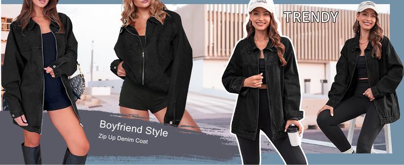 Imily Bela Womens Oversized Denim Jackets Casual Zip up Spring Long Sleeve Jean Jacket with Pocket