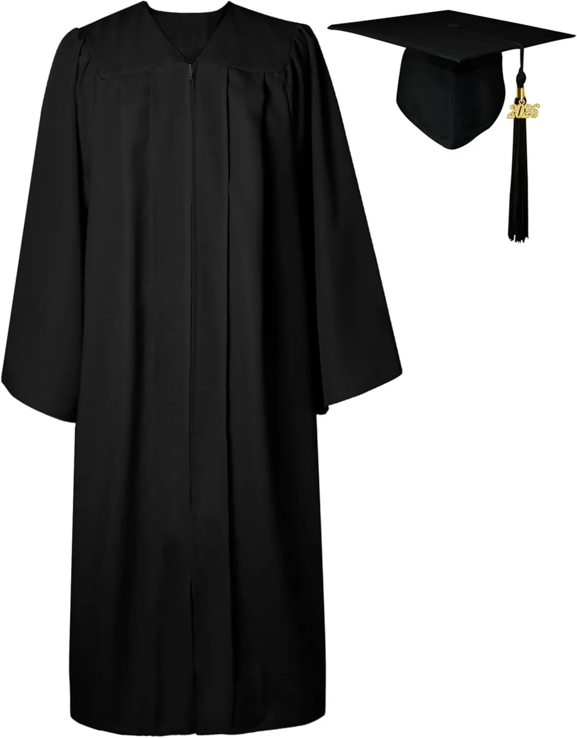 Men's Thick Polyester Classic Matte Graduation Cap and Gown Costume Uniform Set with Golden Tassel - Black for High School Class of 2026, Bulk Orders Accepted, Menswear