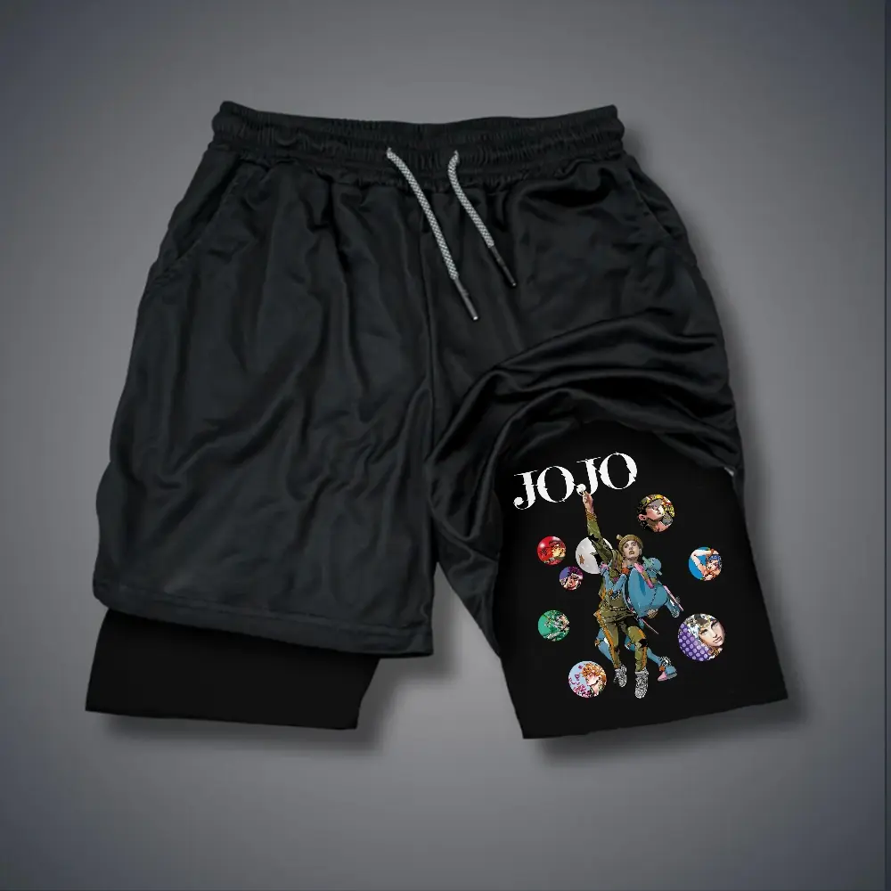 JOJO 80s 90s Double-Layer Sports Shorts Graphic Shorts Black Camo Streetwear Shorts Men Outfits Men Vacation Outfits Shorts