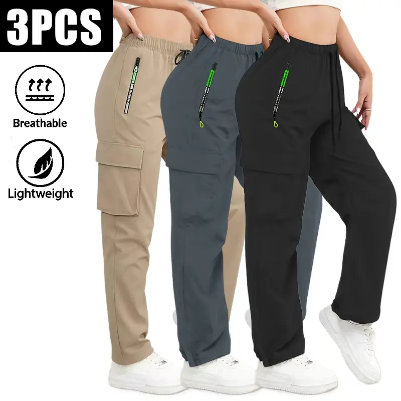 Clean Gent 3-piece set for women: cargo pants with a 3D pocket, black minimalist design, drawstring elastic waistband, multifunctional pockets, comfortable wear, green zippered pockets to prevent theft.