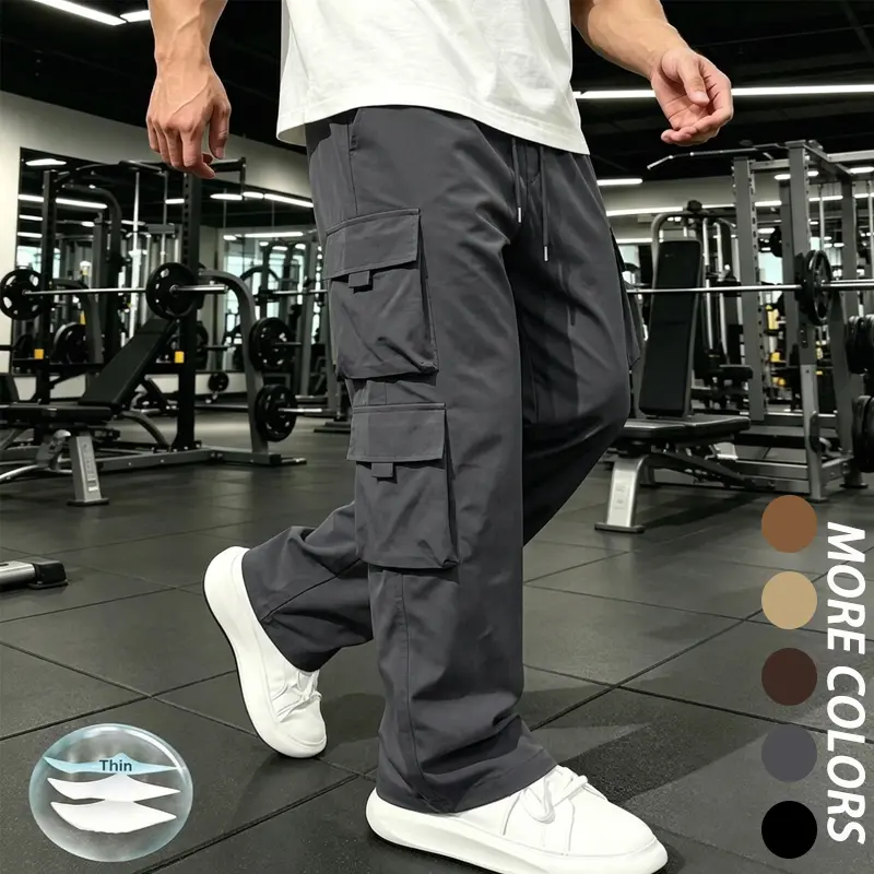 Men’s Stylish Solid Plain Loose Multi-Pocket Straight-Leg Polyester Cargo Trousers - Mid-Waist Elastic Waistband with Metal Drawstring, Casual Street Menswear, Drapey Woven Fabric, Fine Stitching, Suitable for Everyday Outings, Workouts