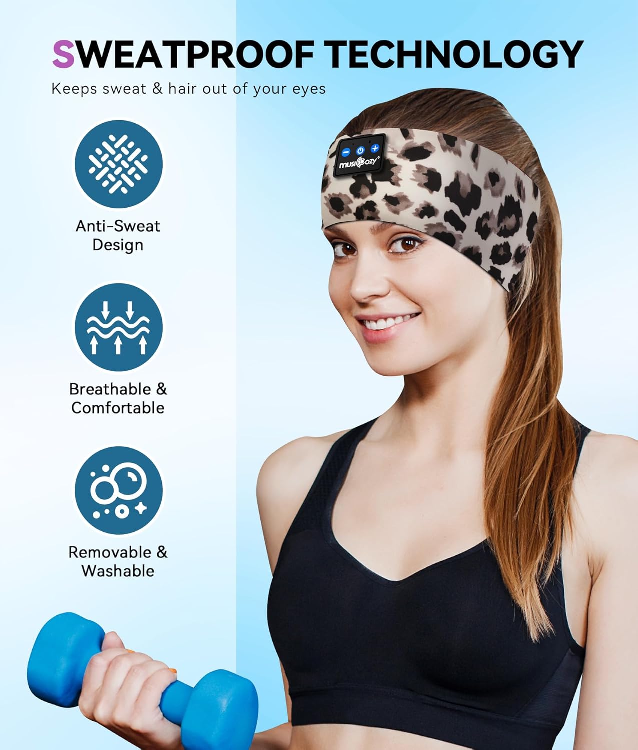 MUSICOZY Bluetooth 5.4 Sleep Headphones Headband,Invisible Earphones, Ultra-Thin HD Stereo Speakers, Noise Cancelling Earplugs, Sweat-Wicking Sports Headband with Leopard Print, Ideal for Side Sleepers, Sleeping, Running, Yoga, Office, Stress Relief