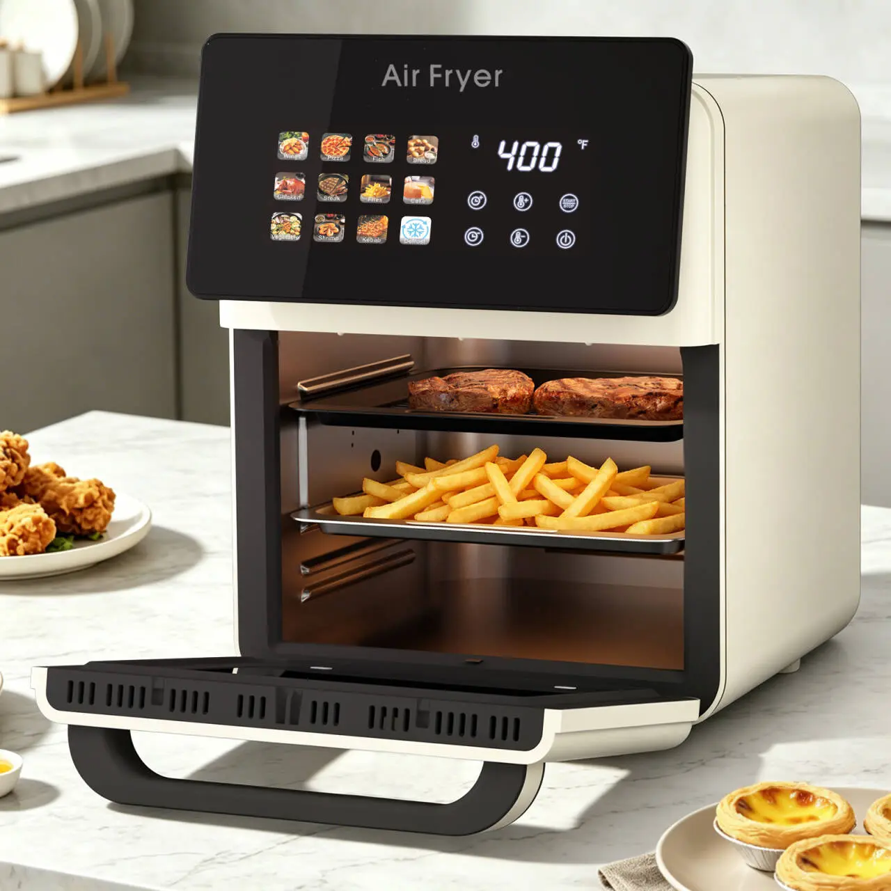 10QT Family Size Air Fryer Oven - Kitchen Appliances, 8-in-1 Multi-Function Easy to Use, Countertop Use, Smart Convection, Glass Door View Window, Fryer Liners, Removable Door, White, 8-In-1 Multi-Function Fryers