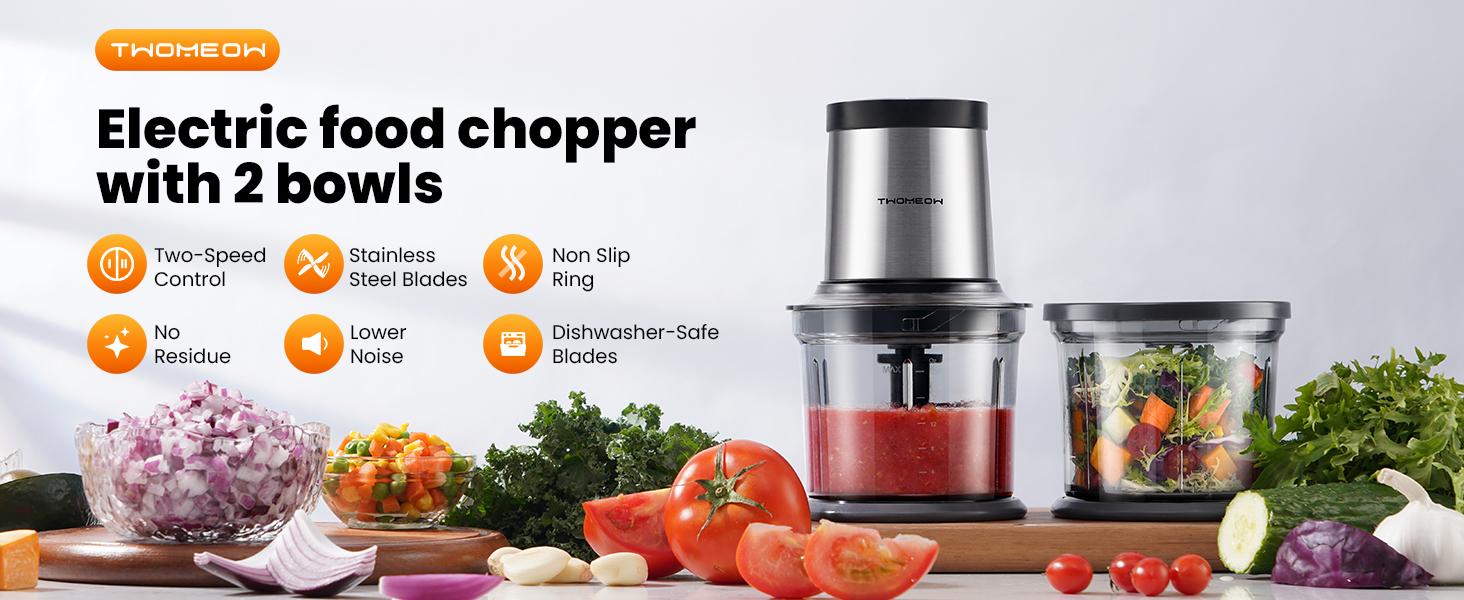 Food Processor 4 Cup, Electric Food Chopper, 【Small but Powerful】Meat Grinder with 2 Bowls, 2 Speed & 4 Blades for Vegetable, Meat, Nuts, Functions for Chopping, Dicing, Mixing and Puree