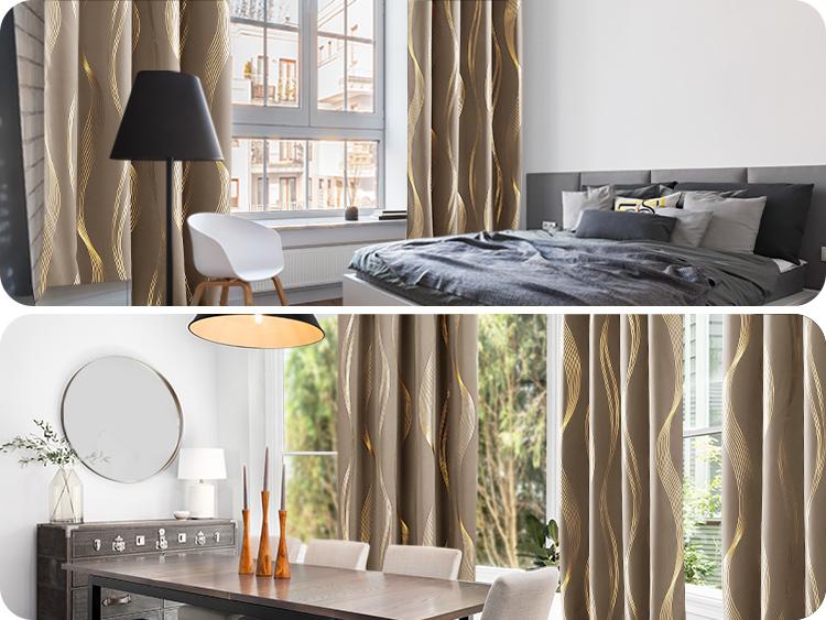 Blackout Curtains 2 panels, Deconovo Room Darkening Golden Foil Print Wave Stripe Thermal Insulated Window Curtains for Living Room curtain