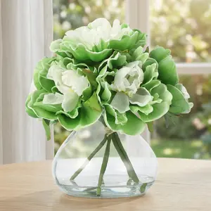 GAOMON Green PU & Silk Faux Peony Arrangement - Artificial Peonies in Glass Vase with Faux Water for Home Decor