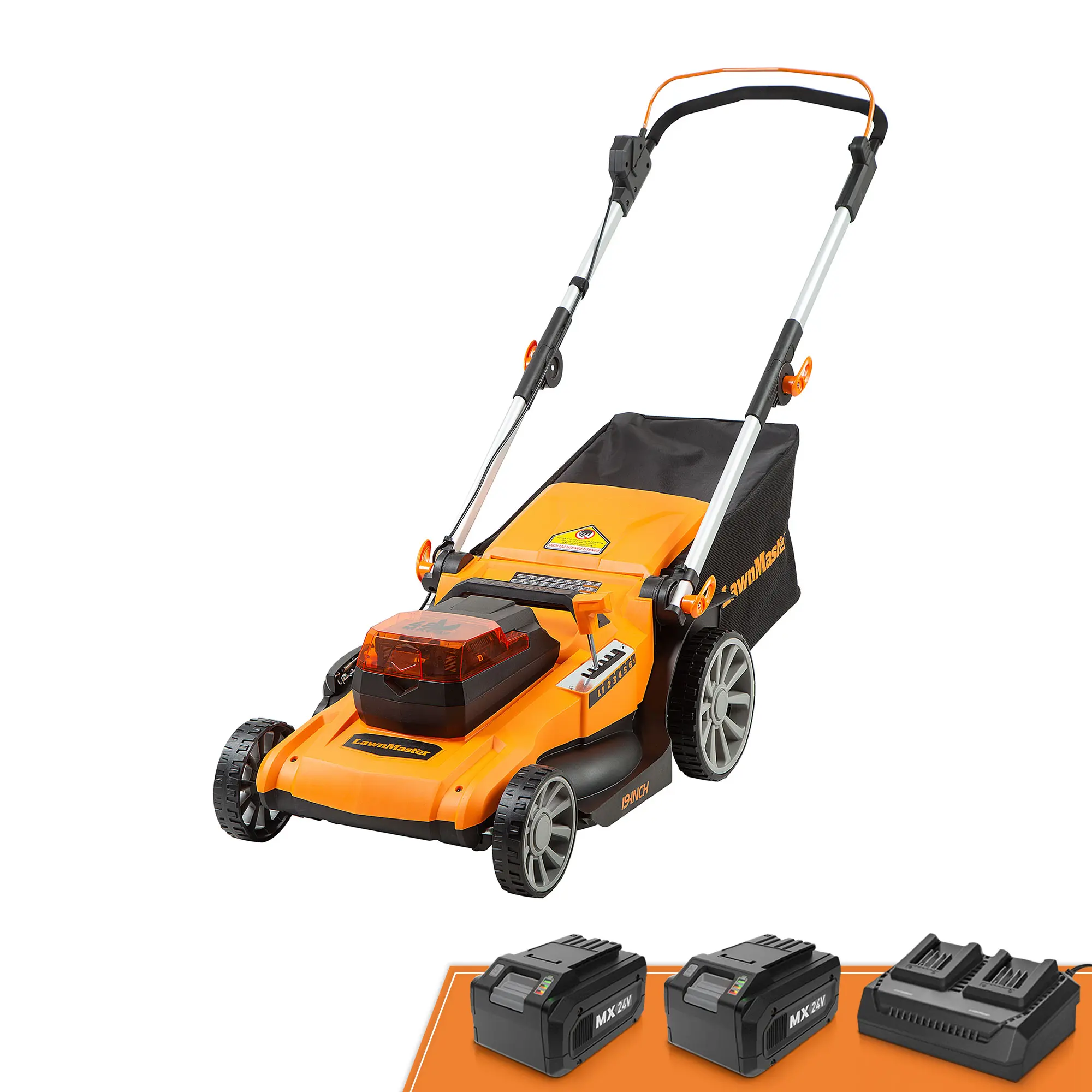 LawnMaster 48V MAX 19-in Brushless Cordless Battery Powered Lawn Mower - Push Handle Walk-Behind Lithium Ion Model, Adjustable Cutting Height, 2x24V MAX 4.0Ah Batteries, Dual Charger, 3-in-1 Function, 3400 RPM, Rotary Mowing Grass Removal