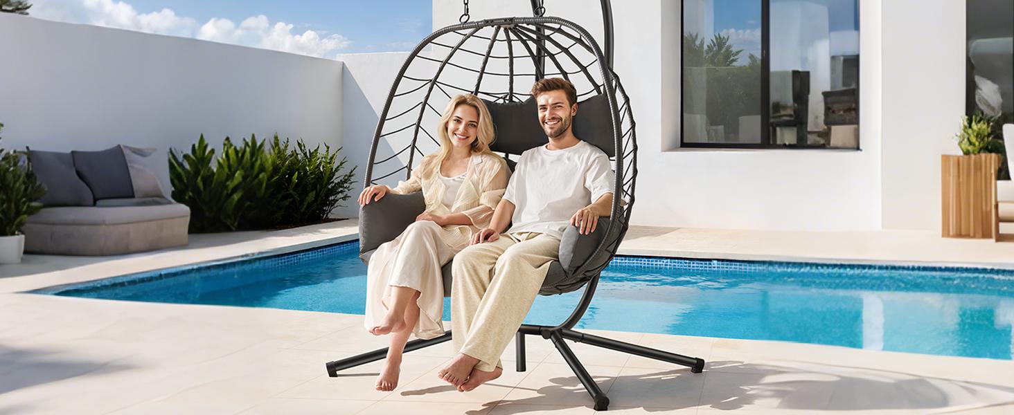 【SPOTLIGHT DAY】ONBRILL Double Egg Chair with Stand, Indoor Outdoor 2 Person Hammock Swing Chair with Cushions & Headrest, 650 LBS Capacity Hanging Loveseat for Patio, Bedroom, Garden, Balcony