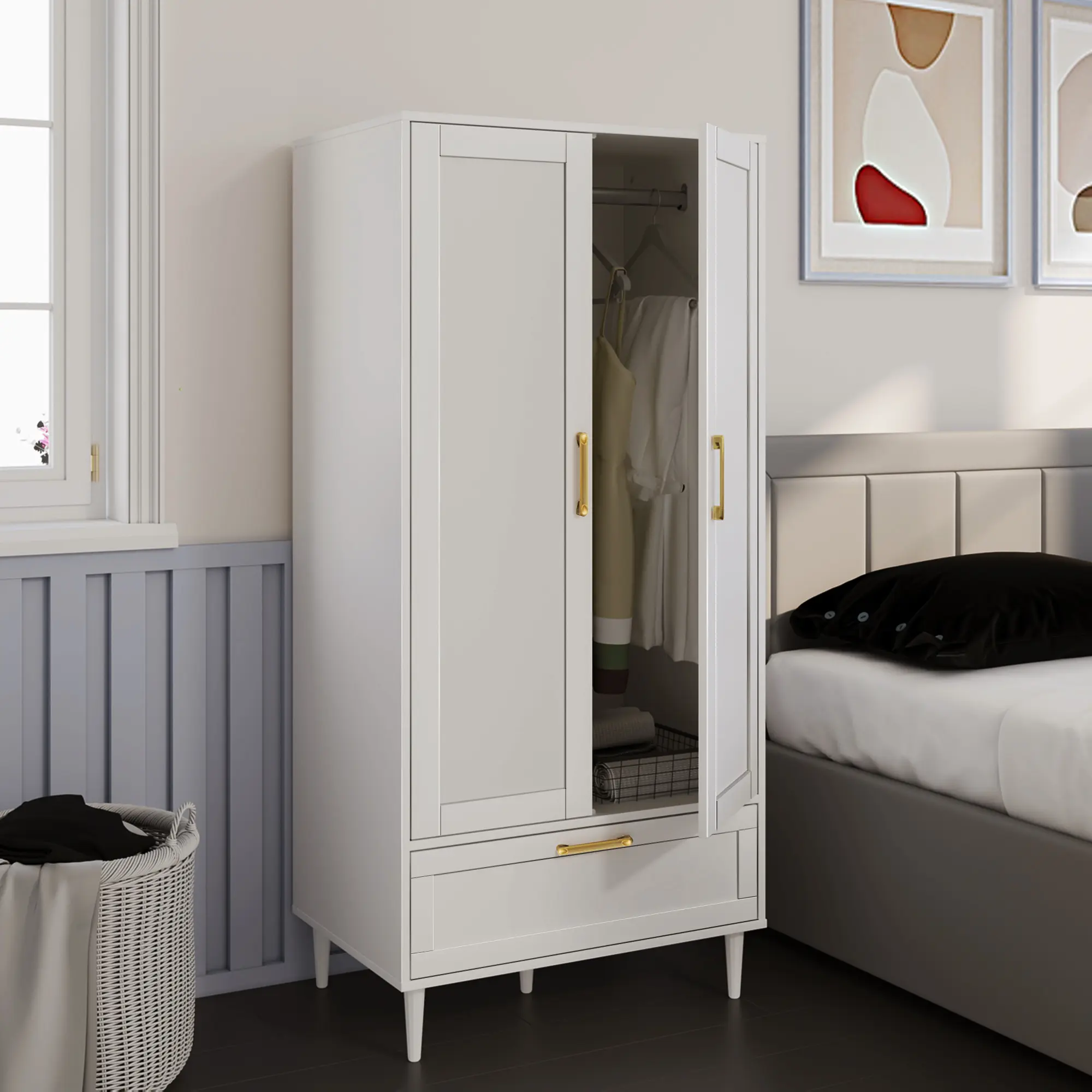 High-Quality Rectangular Wood Armoire Wardrobe Organizer - 60" H Freestanding Closet System with 2 Doors, 1 Drawer, Hanging Rods, Gold Handles, Aluminum Build, Anti-Dump Legs for Modern Bedroom Wood Armoire Storage & Antitip Stability, Clean Look