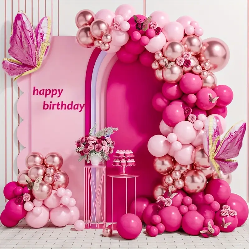 108pcs,Pink Butterfly Balloons Garland Arch Kit,Happy Birthday Party Decoration,Pink Metal Rose Gold Balloon Chain,Wedding,Bridal Shower Party Supplies Latex Balloons