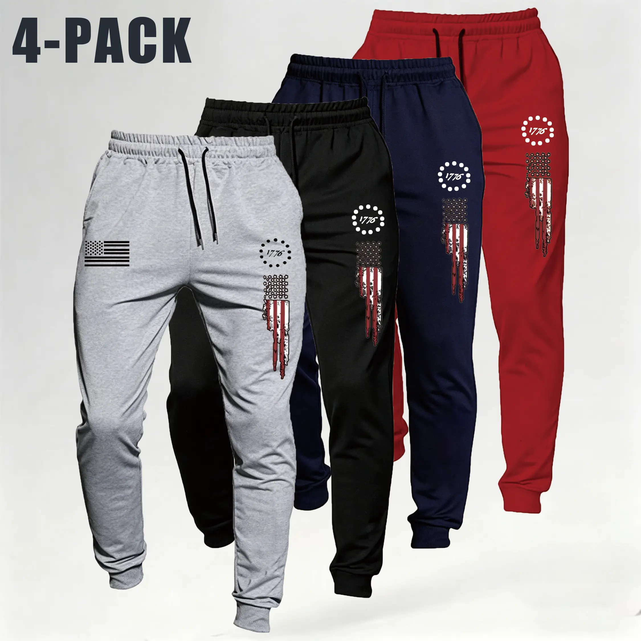 Men’s 1776 American Flag Print Athletic Joggers - American Style Vintage Casual Drawstring Workout Jogger Pants, Breathable Polyester Outdoor Running Bottoms, Drawstring Cuffs, American Style Joggers