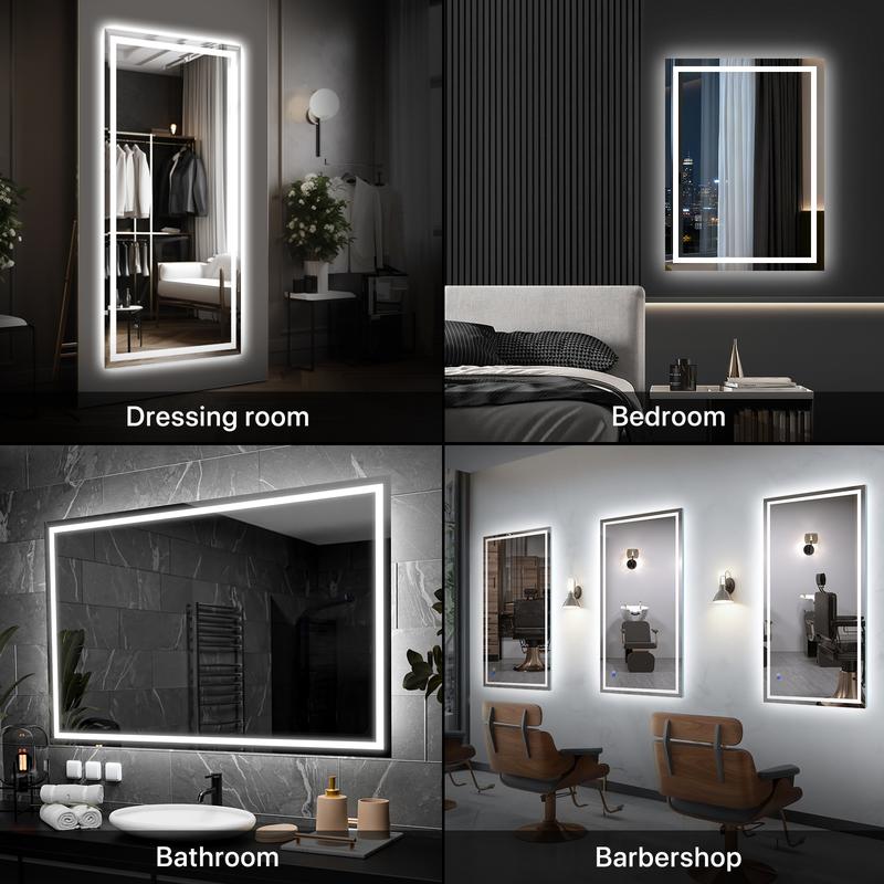 GLITGATE LED Bathroom Mirror with Lights, Over Sink Bathroom Mirror, Dimmable Bathroom Mirror with Touch Control, 3-Color Options, Wall Mounted, Defogging & Memory Timing Function, for Bedrooms, Closets, or Hallways, Tempered Glass