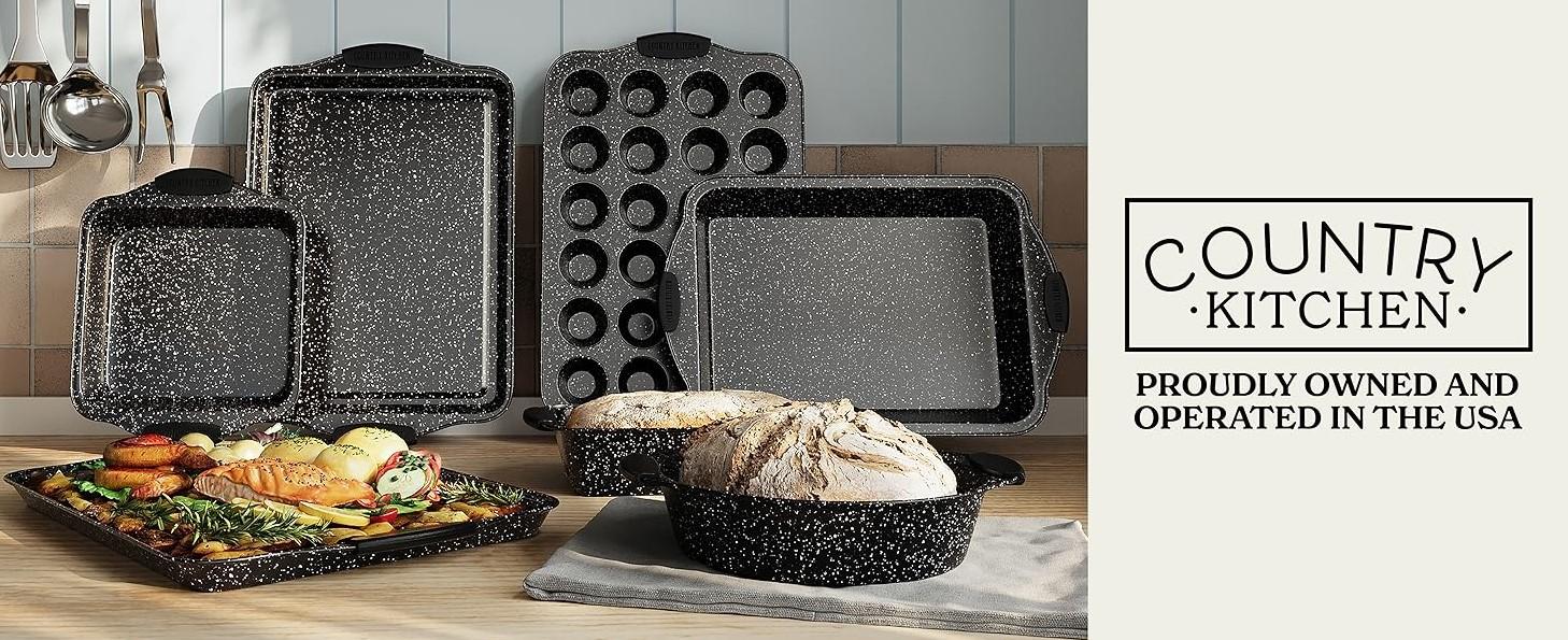 [Official] Country Kitchen 10 Pcs Nonstick Stackable Bakeware Set - Durable, Easy oven Baking pan Set, Black/Gray/Red/Navy/Cream/Sage Cake Pans