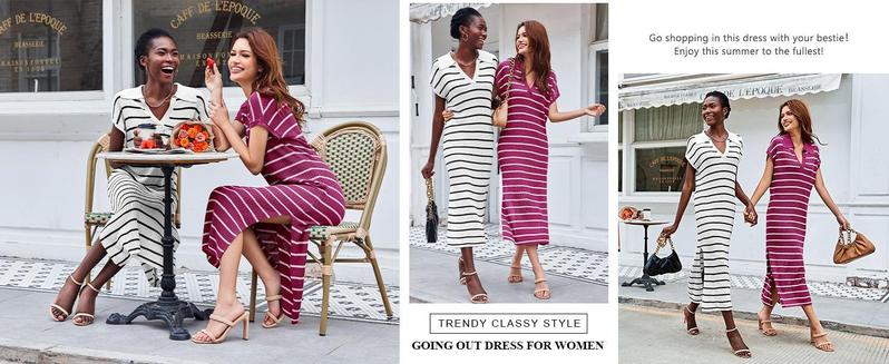 Imily Bela Womens Striped Summer Dresses Short Sleeve V Neck Knit Collared Sexy Slit Loose Maxi Sweater Dress Imily Bela Womens Striped Summer Dresses Short Sleeve V Neck Knit Collared Sexy Slit Loose Maxi Sweater Dress