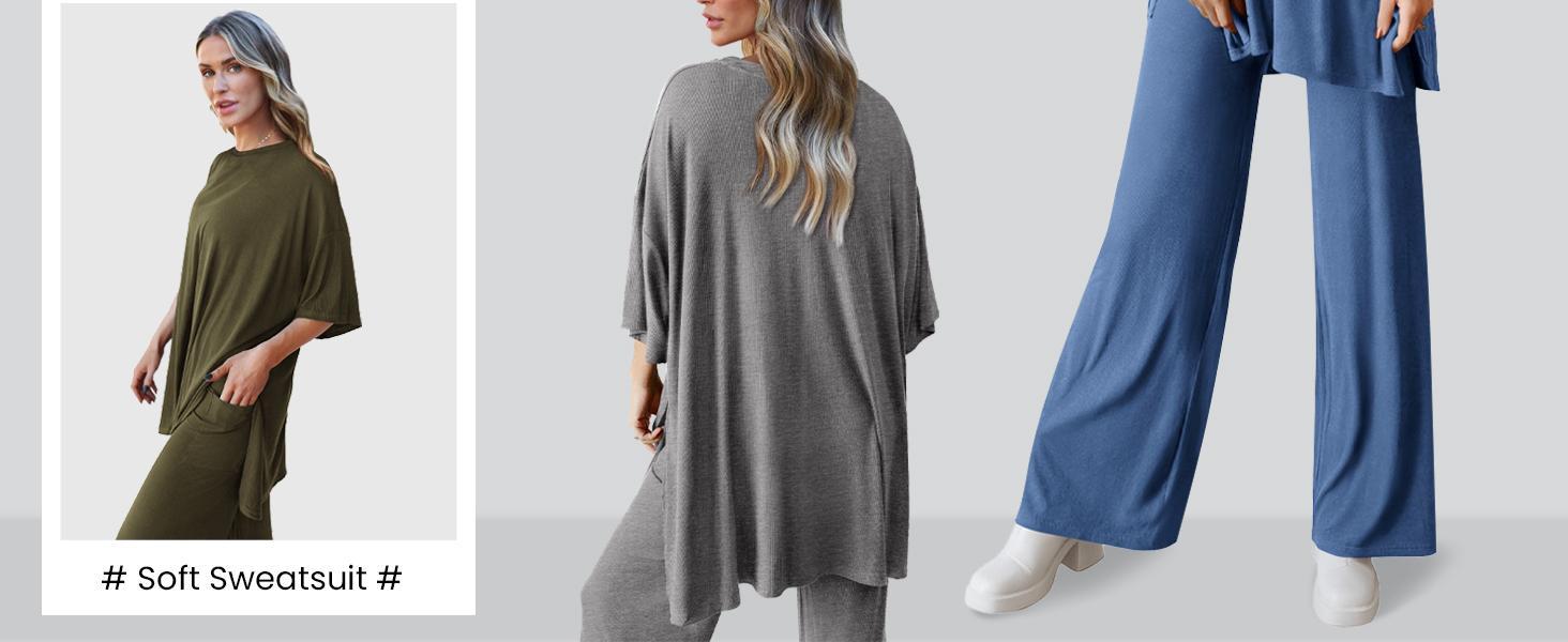 PrettyGarden Women's 2-Piece Outfits Short Sleeve Pullover Tops Split Hem Wide Leg Pants Lounge Sets, Comfy Pjs, Soft Suits-Womenswear Loungewear Nightwear
