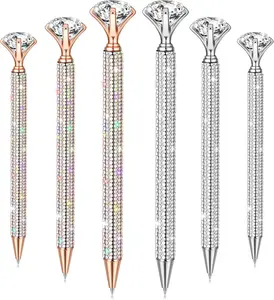 6PCS Big Diamond Pens with Crystal Bling Rhinestone Metal Glitter Diamond Ballpoint Black Ink Pens Wedding Bridal Shower Favors for Birthday Gift Supplies