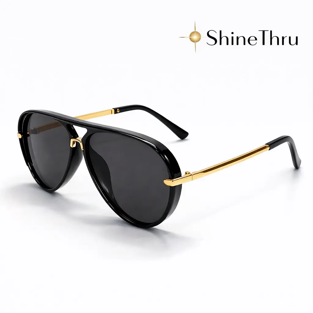 ShineThru Women's Aviator Sunglasses - Trendy Designer Full-Rim UV400 Protection Eyewear, Gold Trim Black Frame, Lightweight Pilot Style, Fashionable Accessories for Women, Trendy Sunglasses