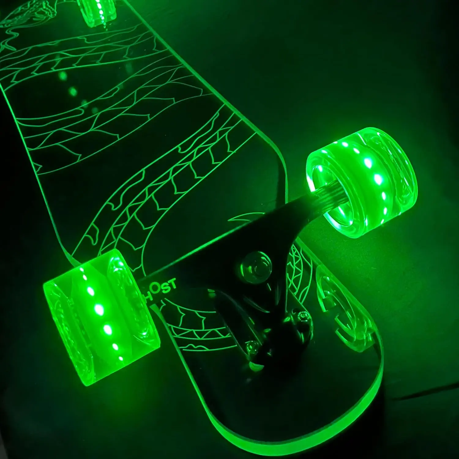 Ghost Boards Clear Acrylic 40" Longboard with Light-Up LED Wheels - Viper Design - Platypus Style