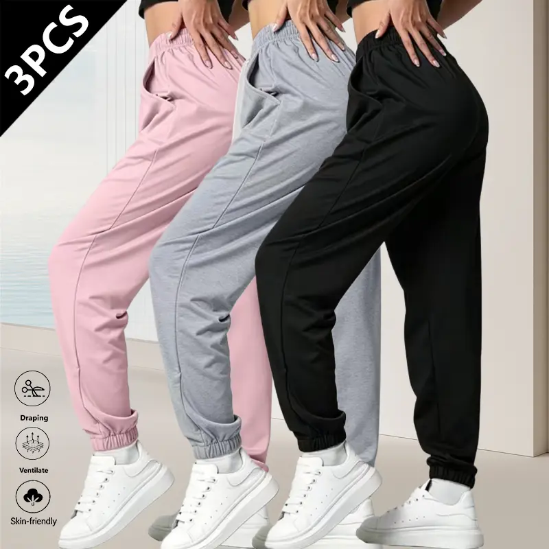 LIFE KEEPS MOVING 3-Pack Women’s Sport Casual Jogger Pants — Summer women’s sports long pants with elastic cuffs, ice silk sports long casual pants, women’s straight-leg fitness pants for running, outdoor activities, and cycling
