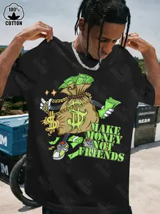 Men's Make Money Not Friends Motivational Money-Building Block Lettering T-Shirt - Black Dollar Bill & Cash Design, Loose Fit Short Sleeve Cotton Tee for Hip-Hop Style, Casual Wear & Streetwear ( Men)