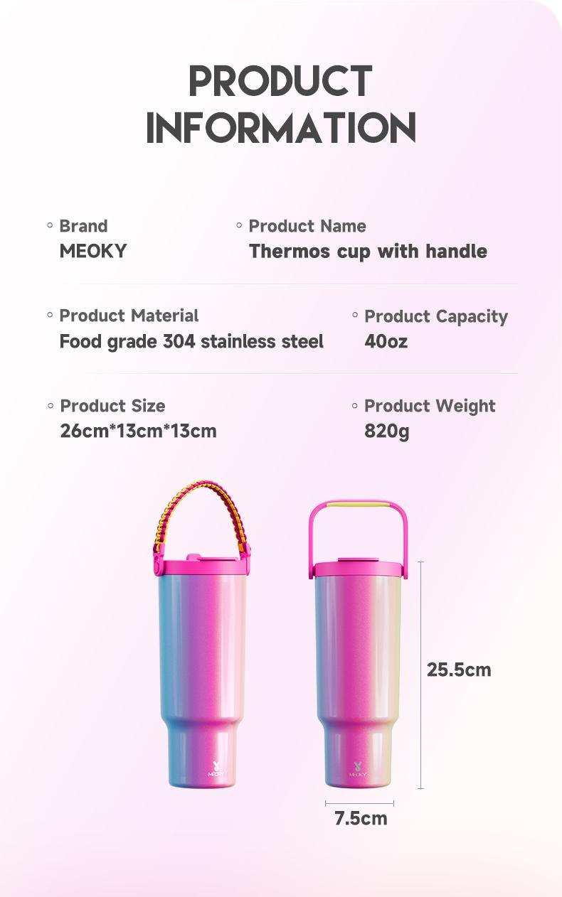 【Live Exclusive Deal】MEOKY 32/40/50oz 100%Leak-proof Stainless Steel Handle Thermos Cup, Suitable for Carrying out,  two Handles, Drop-resistant,Valentine's Day gift