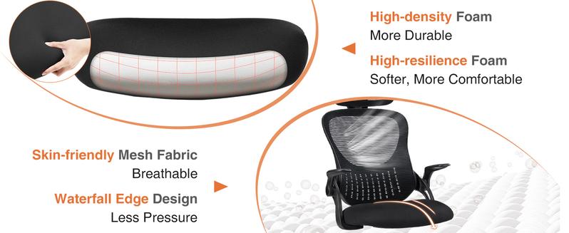 Sweet Furniture S - Ergonomic Office Chair with High-Back Mesh, Adjustable Headrest and Rolling Wheels, Comfortable Lumbar Support, Flip-up Arms