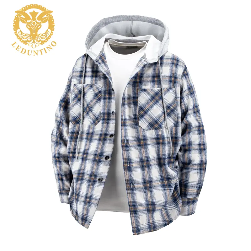 LEDUNTINO Men's Plaid Print Button Front Drawstring Hooded Shirt Regular Fit Casual Long Sleeve Pocket Top for Daily Wear Classic Checked Menswear