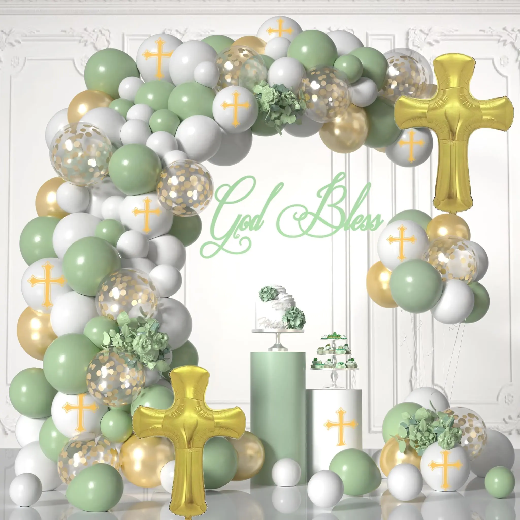 Sage Baptism & First Communion Balloon Arch Kit White & Sage with Cross Balloons for Boys & Girls
