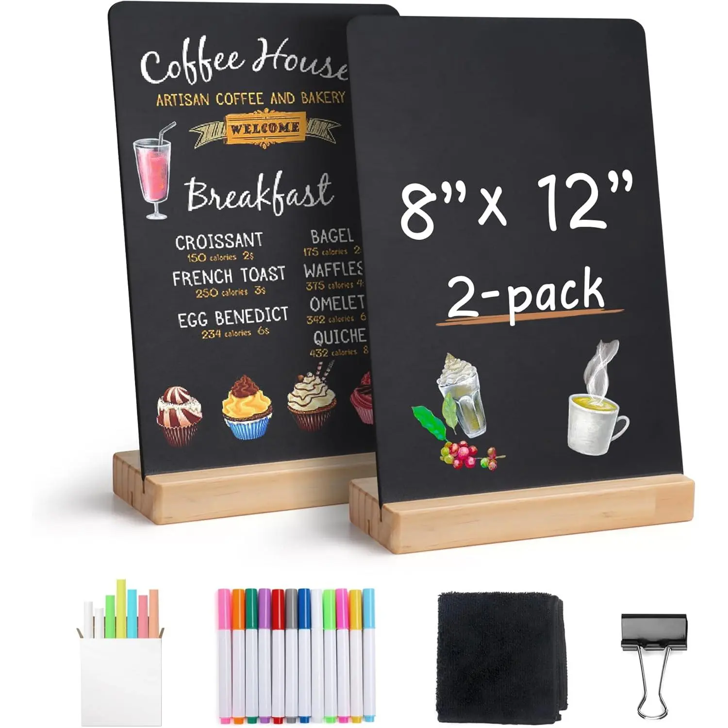 Small Chalkboard Words Sign - 2 Pack 8x12 Inch Tabletop Decorative Chalk Board with Wooden Stand, Double-Sided Erasable Message Menu Board for , Store, Business, Wedding