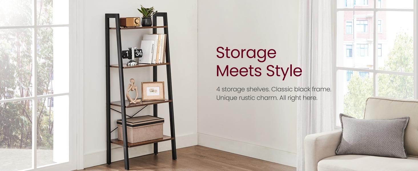 SONGMICS Ladder Shelf, 4-Tier Bookshelf, Storage Rack, Bookcase with Steel Frame, Industrial Style