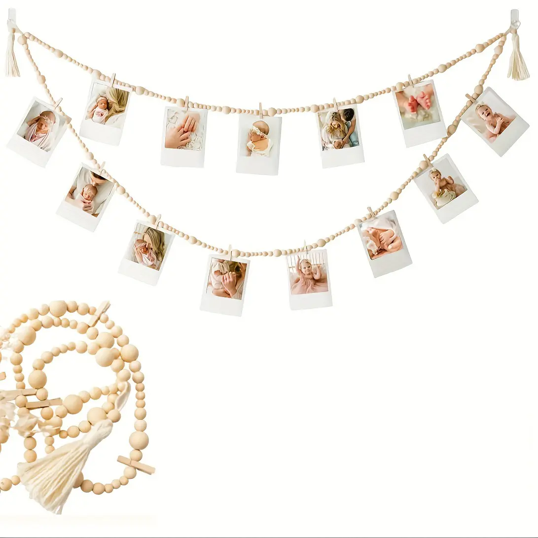 Bohemian Style Wooden Bead String Photo Display with 13 Clips Double Layer for Dorm Rooms Bedrooms Classrooms Rustic Home Decor Wall Art Boho Ornaments Hangable Decoration Friend