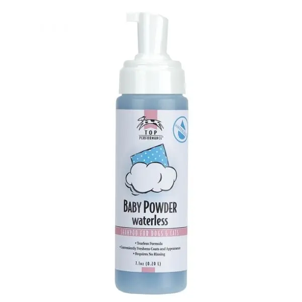 Top Performance TP2766-71 Gentle Waterless Tearless Dog & Cat Shampoo, 7.1 oz Baby Powder Scent, Rich-Lathering, Sensitive Skin Safe, Cleans Conveniently, Freshens Coats, Safe for Puppies & Kittens Over 6 Weeks