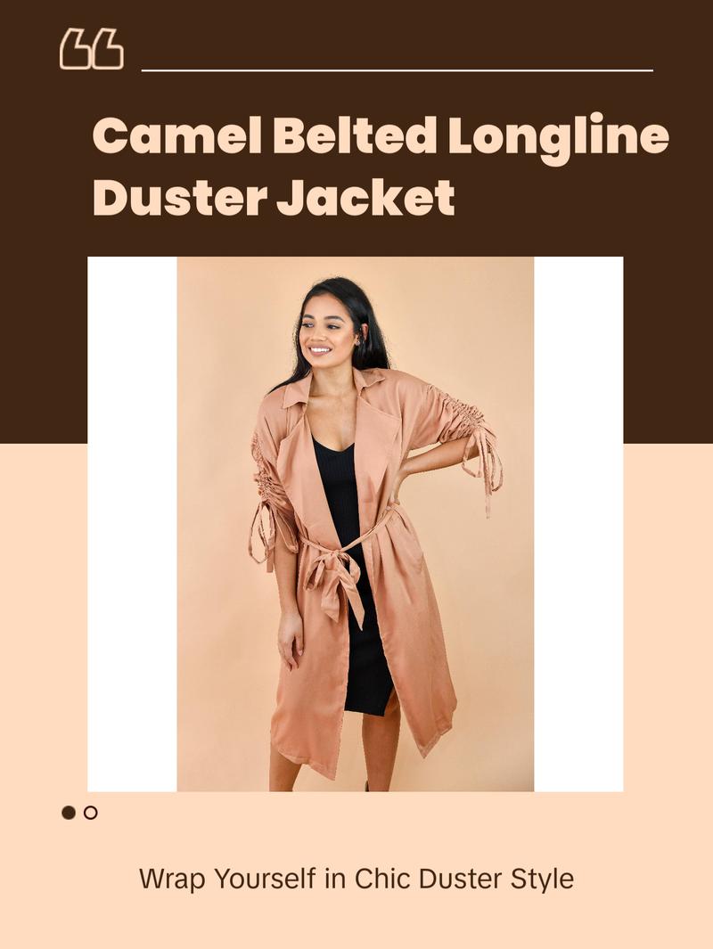 Camel Belted Open-Front Duster Trench Jacket