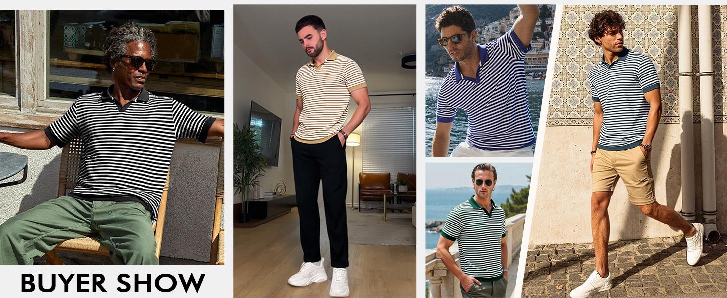 Runcati Mens Knit Polo Shirts Short Sleeve Striped V Neck Golf Shirt Classic Casual Summer Tops