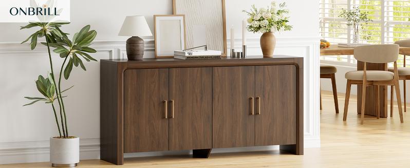 【Valentine's Day gift】ONBRILL 63" Buffet Cabinet with 4 Doors and Adjustable Shelves, Sideboard Buffet Cabinet with Storage, Wood Kitchen Console Table, Modern Coffee Bar for Kitchen, Living Room, Hallway