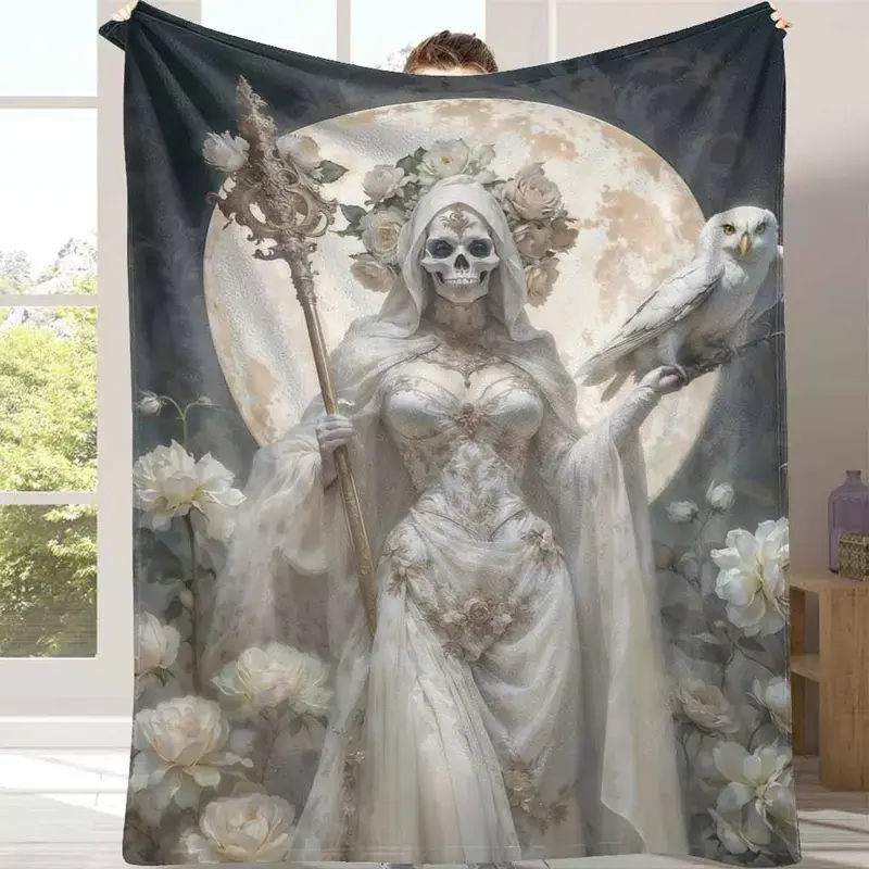 Ultra-Soft Moonlit Santa Muerte Flannel Throw Blanket, Funny Gothic Decor, Warm Lightweight, Machine Washable, Ideal for Day of the Dead, Halloween Gift & Sofa Snuggles, Machine Wash