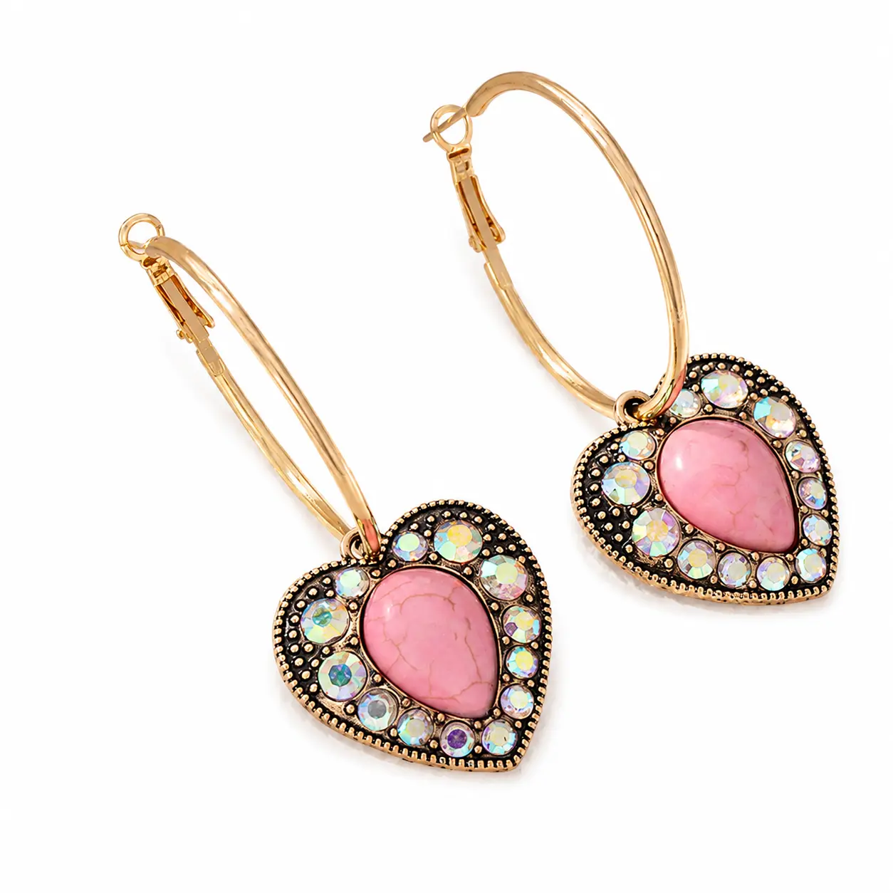 EH-A40-Vintage Bohemian Heart Pendant Hoop Earrings for Women, Turquoise Style Rhinestone Western Dangle Earrings, Cowgirl Southwestern Statement Jewelry for Daily Party Festival Wear