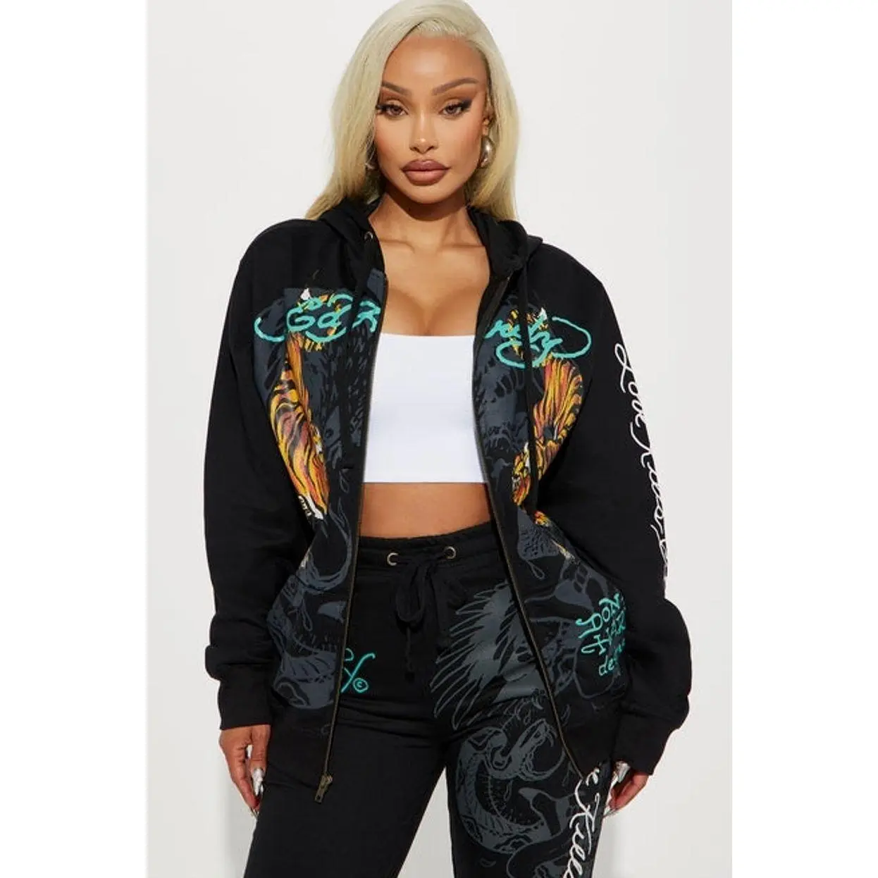Women's Ed Hardy Graphic Casual Cotton Crawling Tigers Zip-Front Hoodie - Black A
