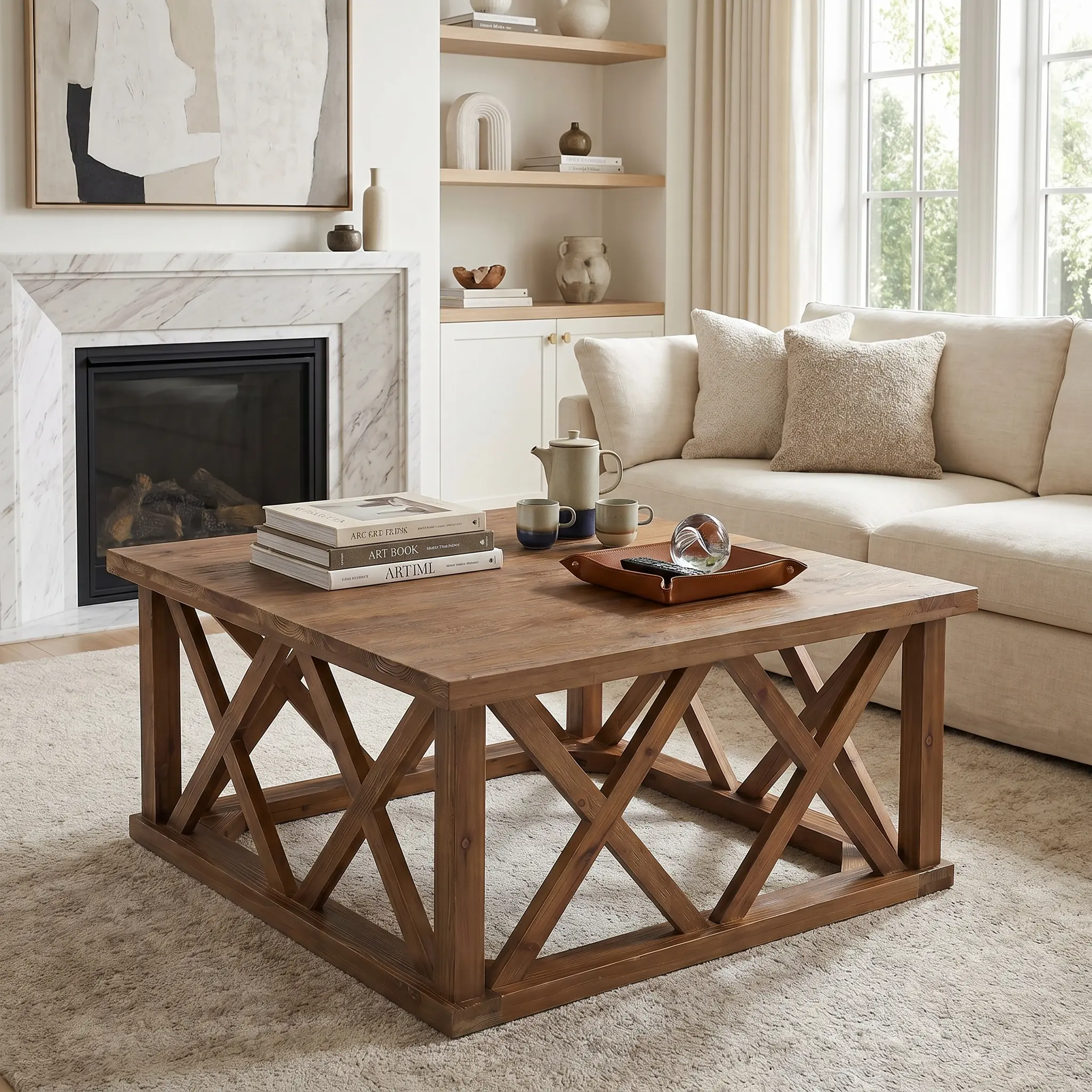 Spaco 39.37in Solid Wood Accent Coffee Table - Square Modern Farmhouse Indoor Furniture Table with X-Frame Base, Rustic Oak Finish for Living Room, Small Spaces