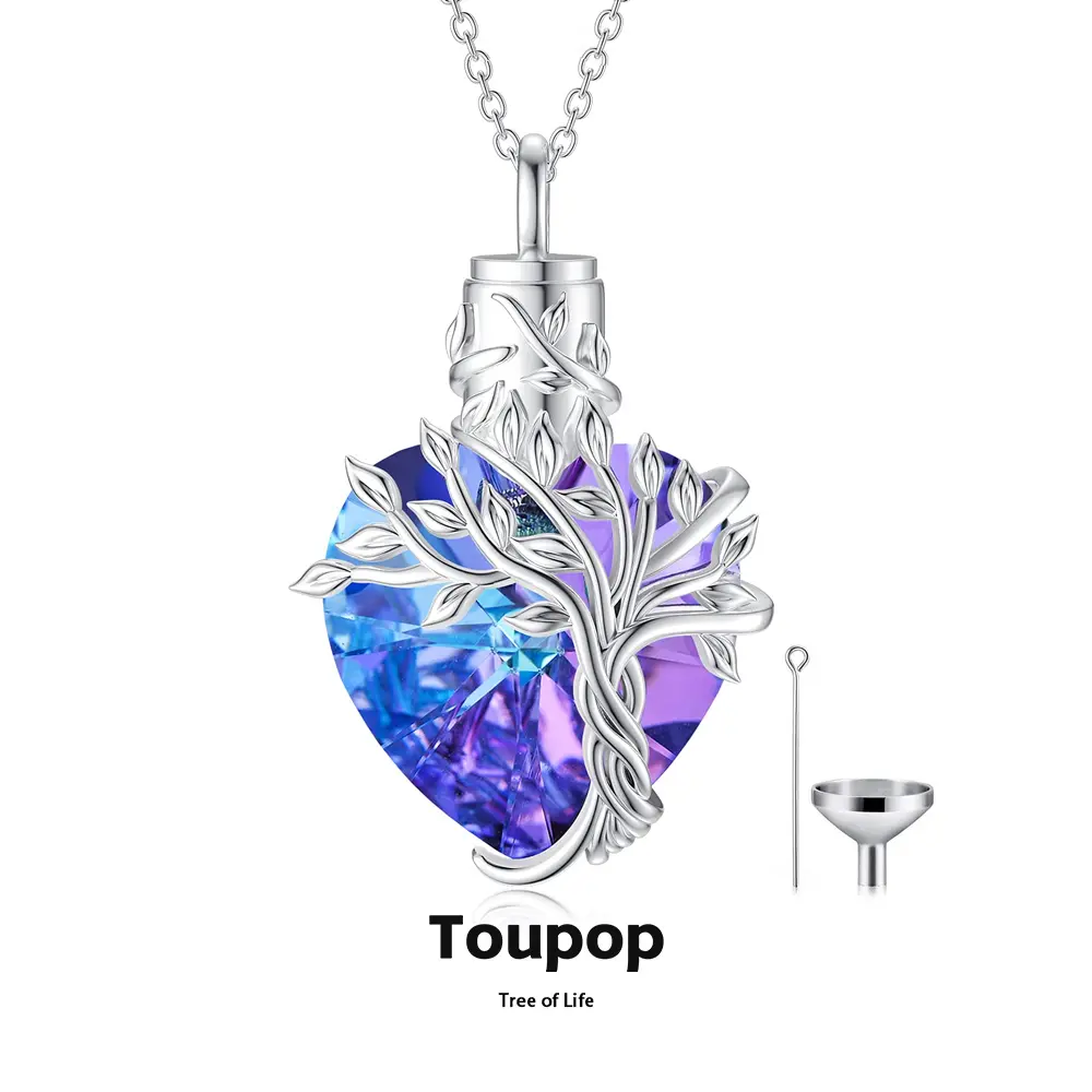 TOUPOP Women's s925 Sterling Silver Heart Tree of Life Cremation Urn Necklace - Non Tarnish, Crystal Style Jewellery Pendant, Sentimental Memorial Gift with Created Crystal, Funnel Filler, Non Tarnish Necklace, Sentimental Necklaces